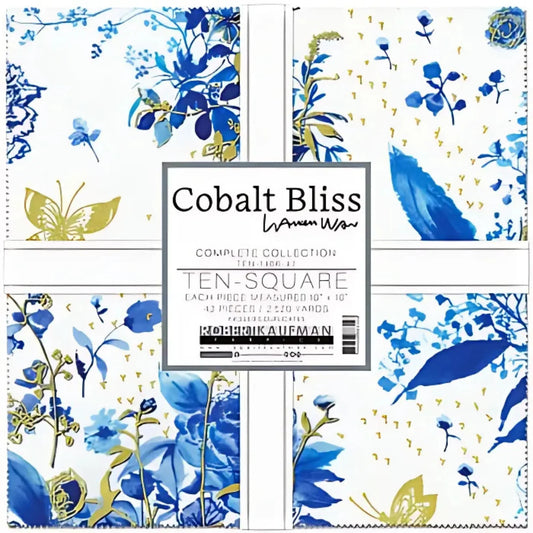 Cobalt Bliss fabric squares with blue, white, and gold floral pattern