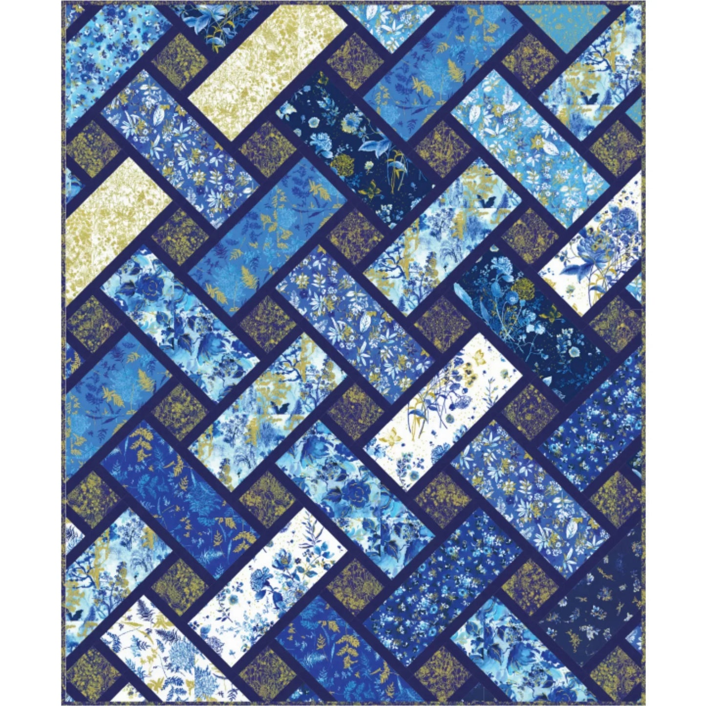 Quilt with blue and white woven lattice pattern