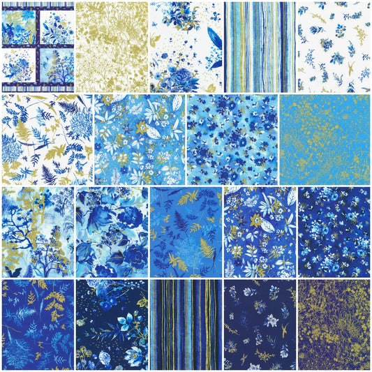 Collage of various blue, white, and metallic gold floral and abstract fabrics.