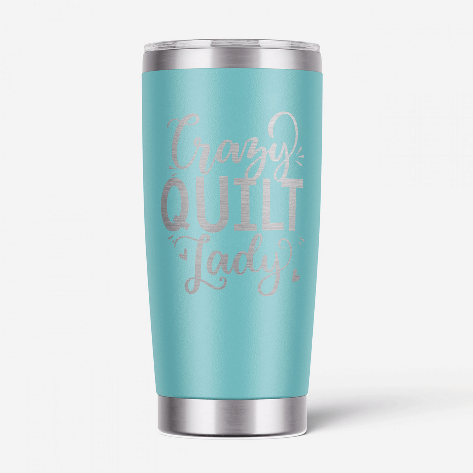 This Crazy Quilt Lady Tumbler is a playful way to announce that your passion for quilting may have taken over your life, but you're completely ok with that! This laser-engraved 20-oz aqua-blue and silver tumbler has double walls and a vacuum seal to keep your favorite drinks cold or hot for hours on end. 