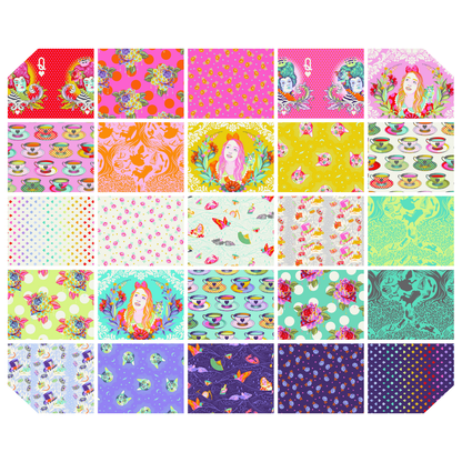Collection of colorful fabric swatches with various patterns arranged in a grid