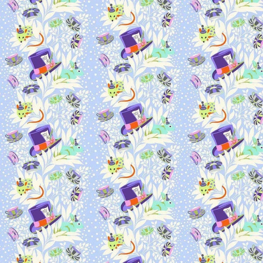 Pattern of colorful top hats and flowers on a blue background