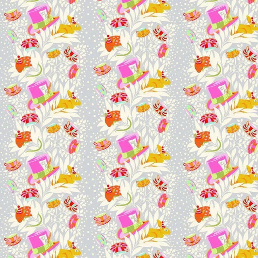 Patterned fabric with colorful mice, teacups, and top hats on a grey background