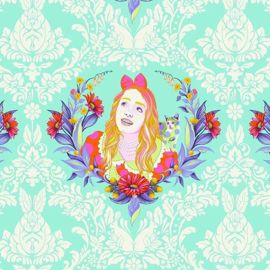 Colorful illustration of a girl with flowers on a decorative aqua and white patterned background