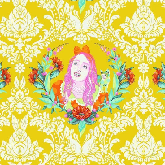 Colorful illustration of a girl with flowers on a decorative yellow and white patterned background