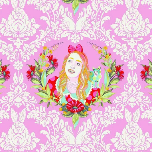 Colorful illustration of a girl with flowers on a decorative pink and white patterned background
