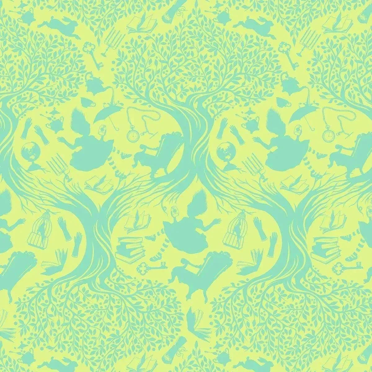 Patterned fabric with green and yellow toile design of Alice falling into Wonderland.