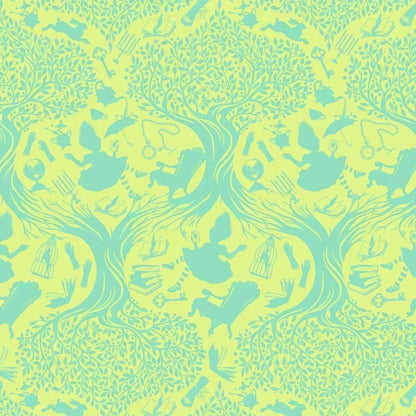 Patterned fabric with green and yellow toile design of Alice falling into Wonderland.
