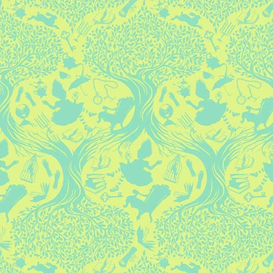 Patterned fabric with green and yellow toile design of Alice falling into Wonderland.