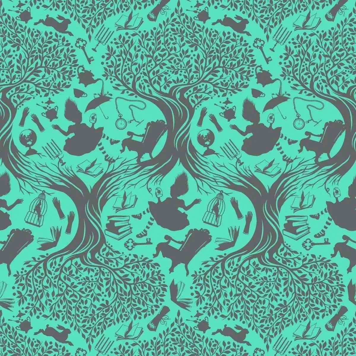 Patterned fabric with a teal toile design of Alice falling into Wonderland.