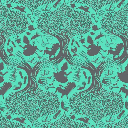Patterned fabric with a teal toile design of Alice falling into Wonderland.