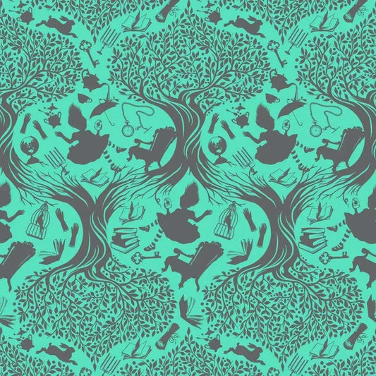 Patterned fabric with a teal toile design of Alice falling into Wonderland.
