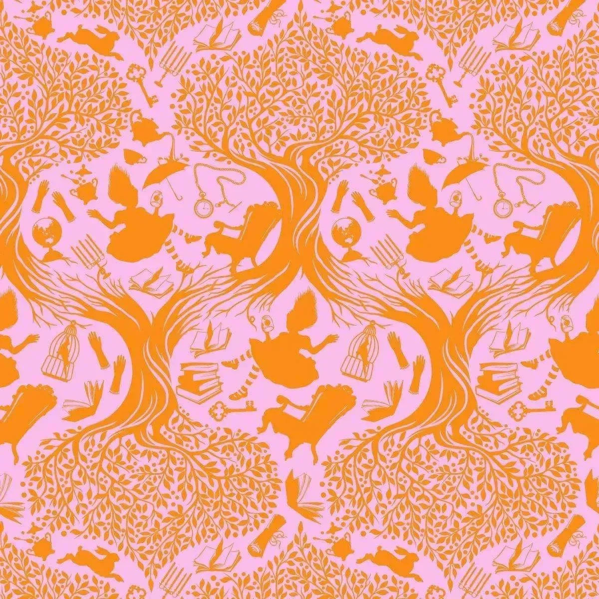 Patterned fabric with pink and orange toile design of Alice falling into Wonderland.