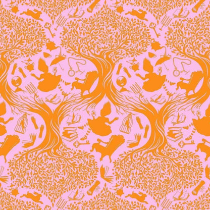 Patterned fabric with pink and orange toile design of Alice falling into Wonderland.