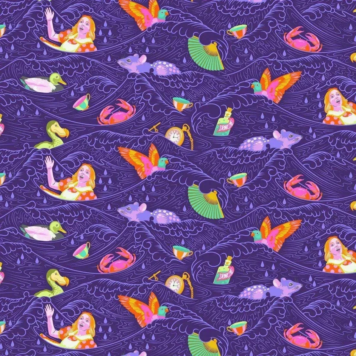 Fabric with colorful crabs, birds, bottles, and Alice getting tossed around by indigo-purple waves.