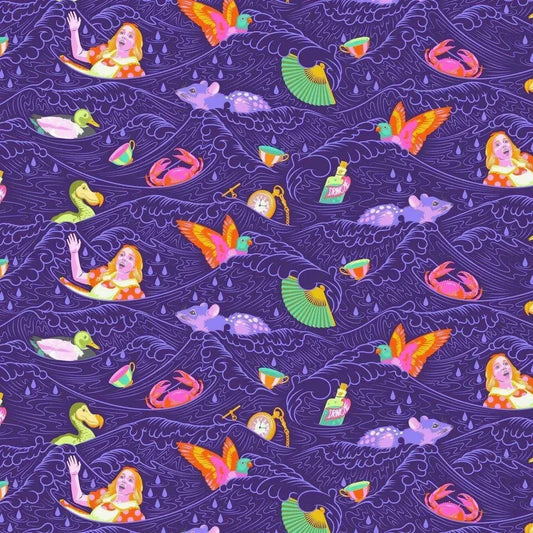 Fabric with colorful crabs, birds, bottles, and Alice getting tossed around by indigo-purple waves.