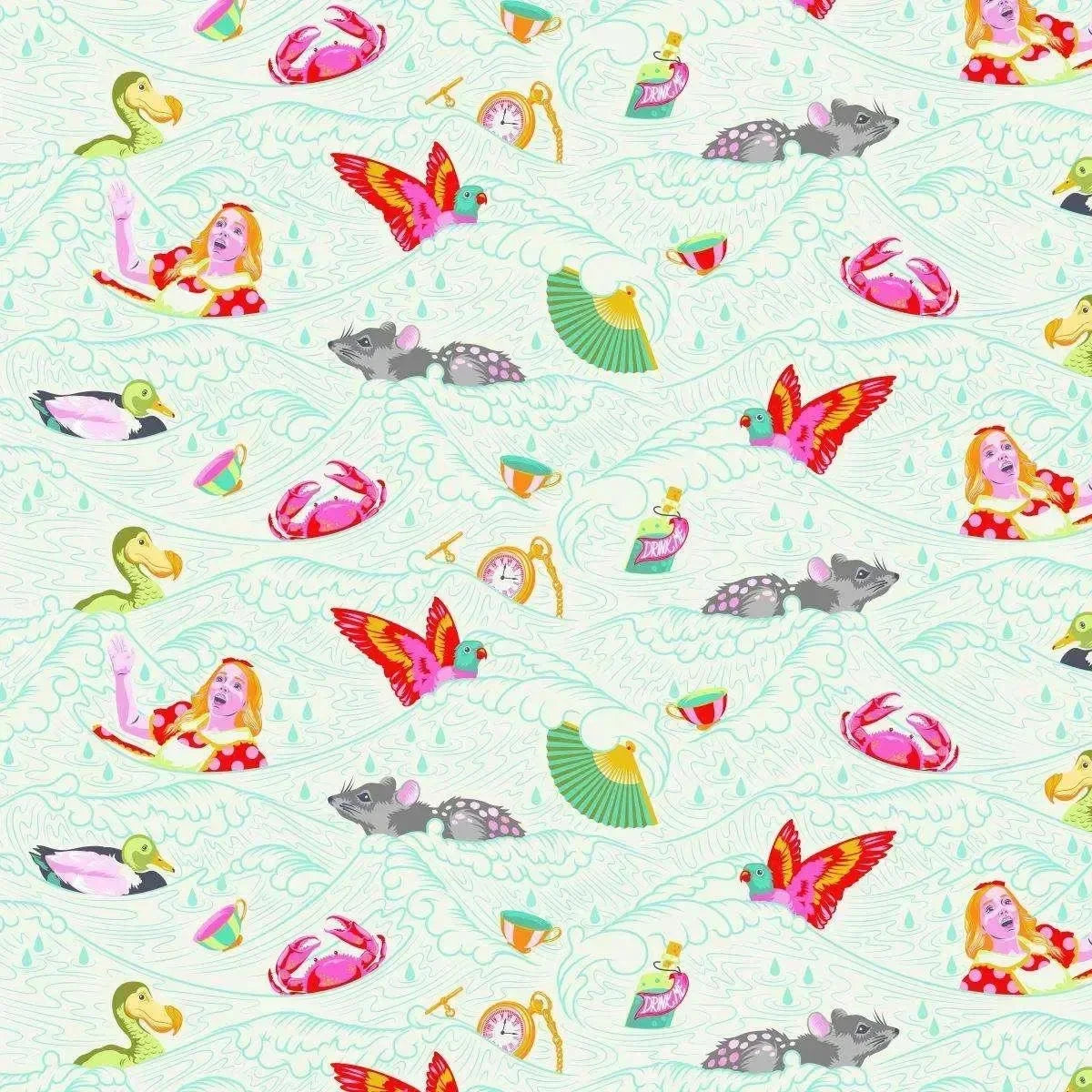 Fabric with colorful crabs, birds, bottles, and Alice getting tossed around by aqua waves on a cream background.