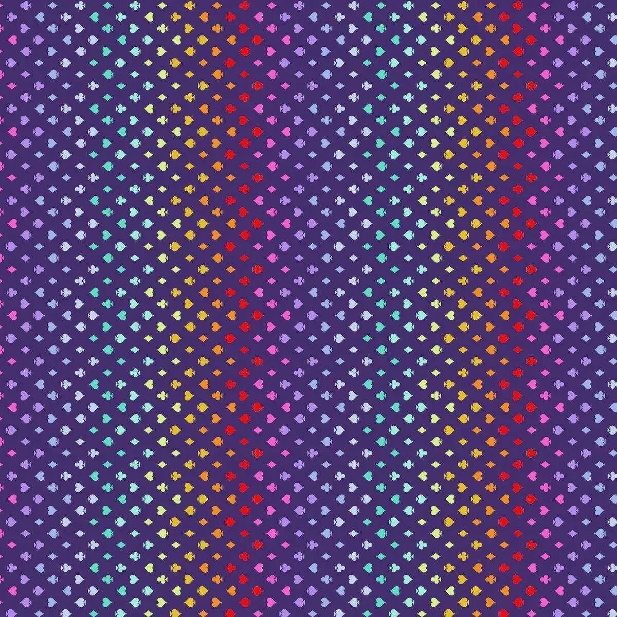 Colorful pattern of small card suite symbols on an indigo-purple background