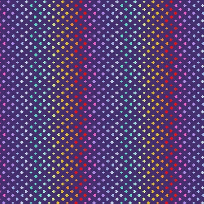 Colorful pattern of small card suite symbols on an indigo-purple background