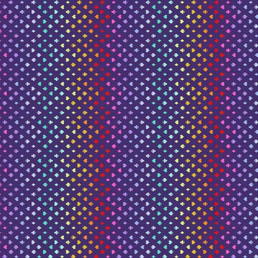 Colorful pattern of small card suite symbols on an indigo-purple background