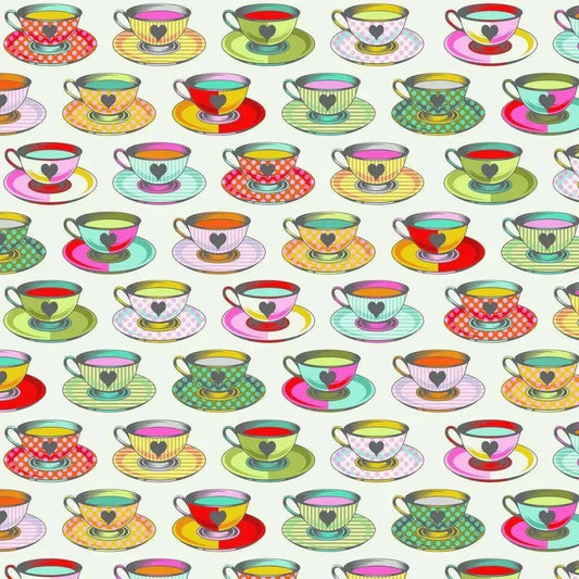 Pattern of colorful teacups and saucers on an off-white background