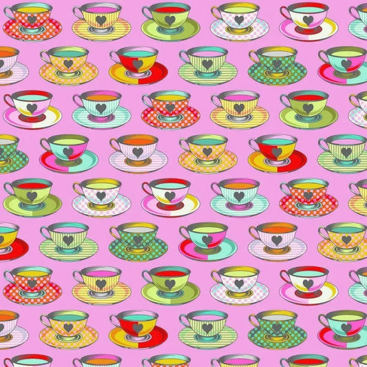 Pattern of colorful teacups and saucers on a pink background