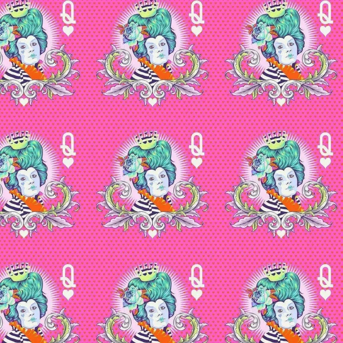 Stylized motifs of the Red Queen with teal hair and a striped outfit on a pink background.