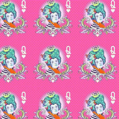 Stylized motifs of the Red Queen with teal hair and a striped outfit on a pink background.