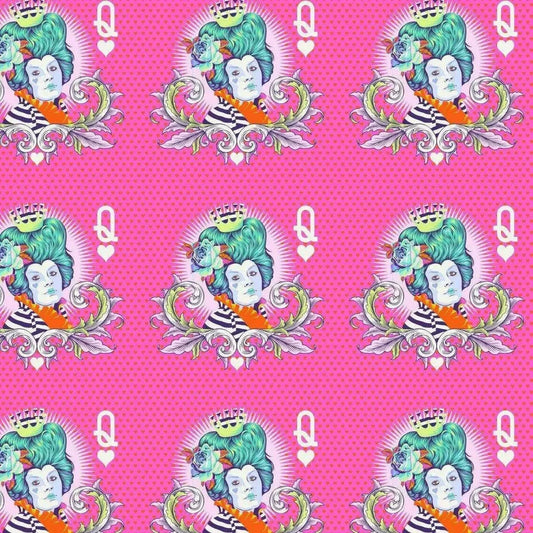 Stylized motifs of the Red Queen with teal hair and a striped outfit on a pink background.