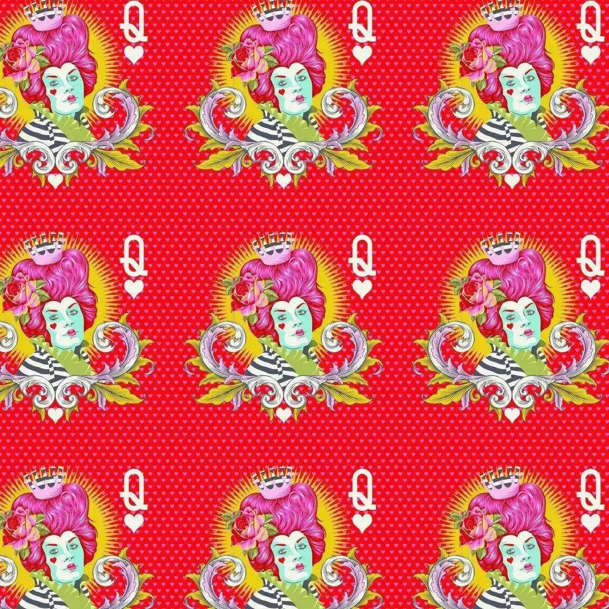 Stylized motifs of the Red Queen with pink hair and a striped outfit on a red background.