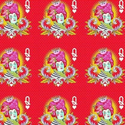 Stylized motifs of the Red Queen with pink hair and a striped outfit on a red background.