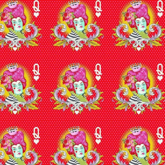 Stylized motifs of the Red Queen with pink hair and a striped outfit on a red background.