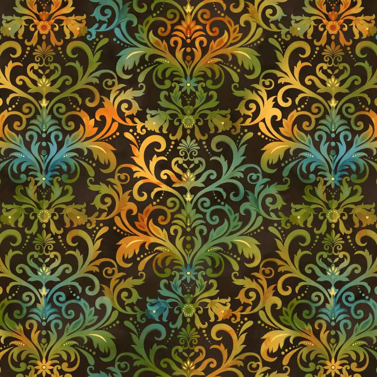 Decorative pattern with swirls and floral elements in green, orange, and blue on a dark brown background.