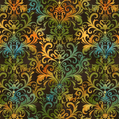 Decorative pattern with swirls and floral elements in green, orange, and blue on a dark brown background.
