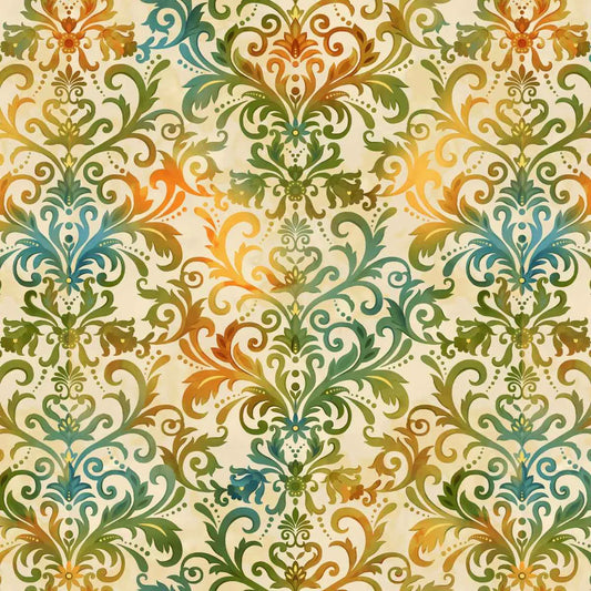 Decorative pattern with swirls and floral elements in green, orange, and blue on a beige background.