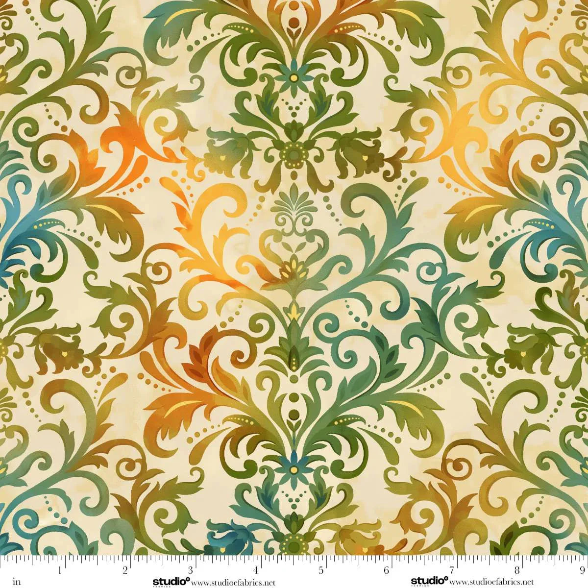 Decorative pattern with swirls and floral elements in green, orange, and blue on a beige background. Ruler at the bottom for scale.