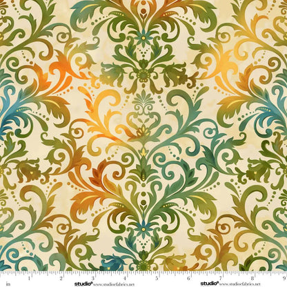 Decorative pattern with swirls and floral elements in green, orange, and blue on a beige background. Ruler at the bottom for scale.