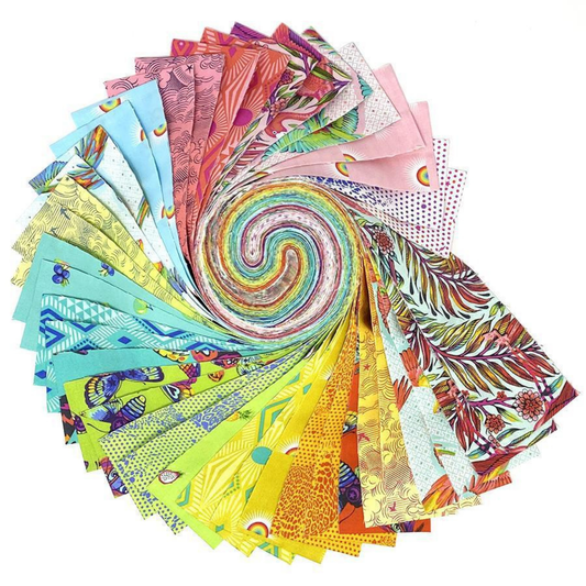 Collection of colorful fabric strips arranged in a circular swirl 