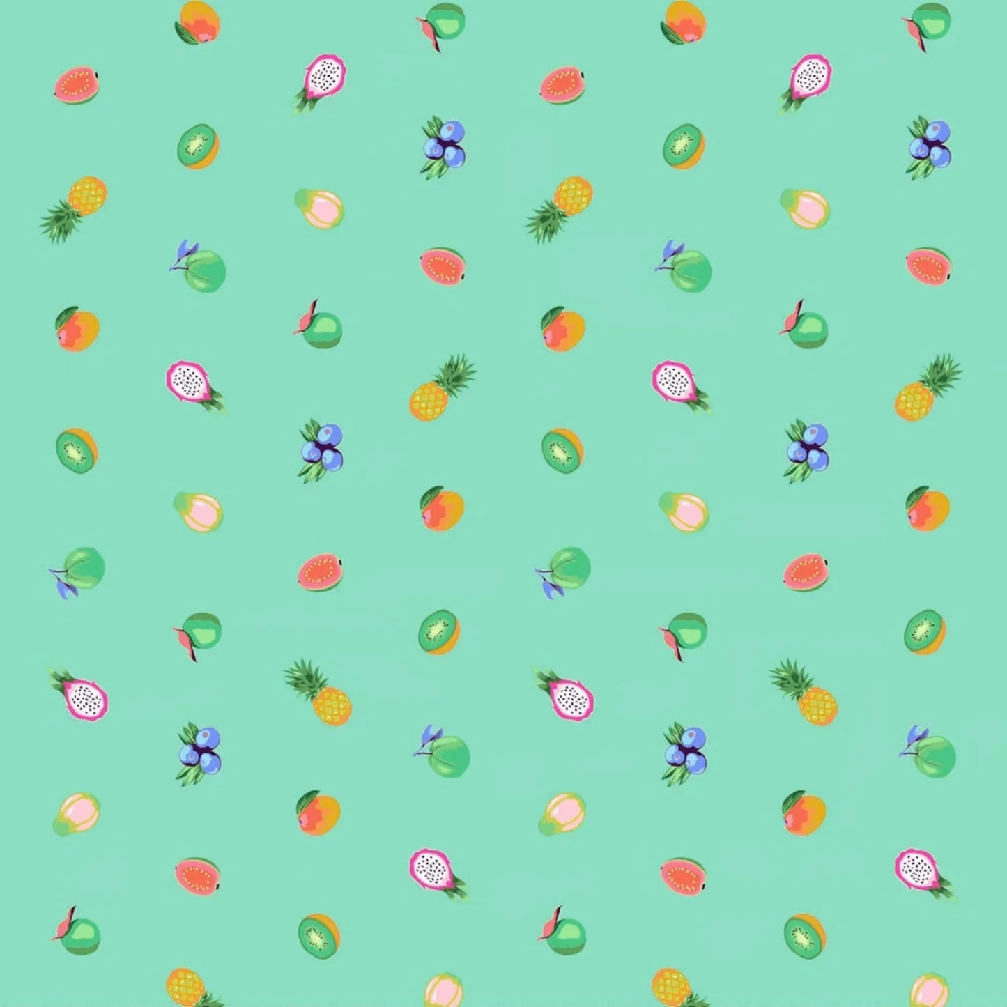 Pattern of colorful fruits on a turquoise background