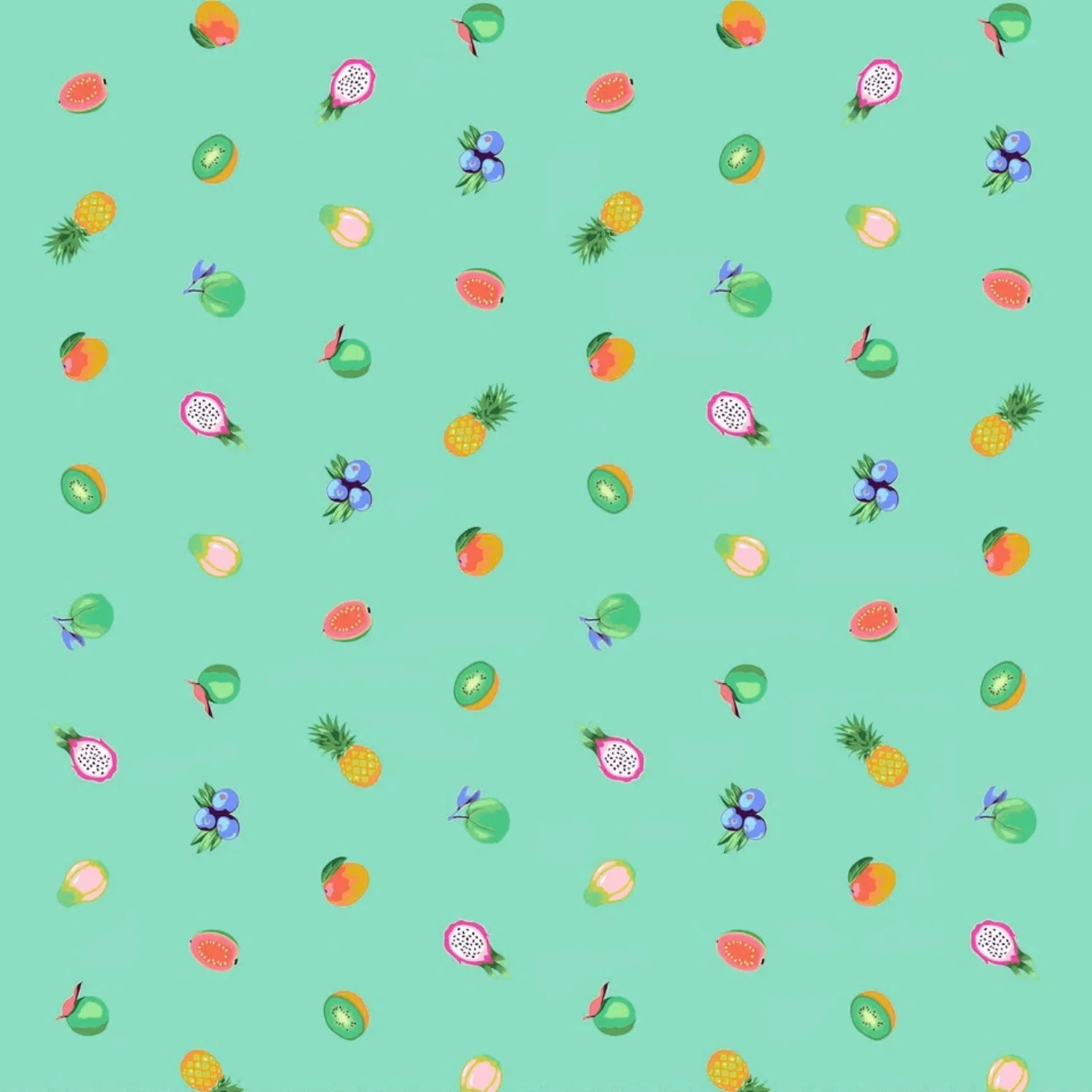 Pattern of colorful fruits on a turquoise background