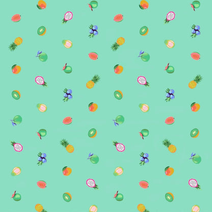 Pattern of colorful fruits on a turquoise background