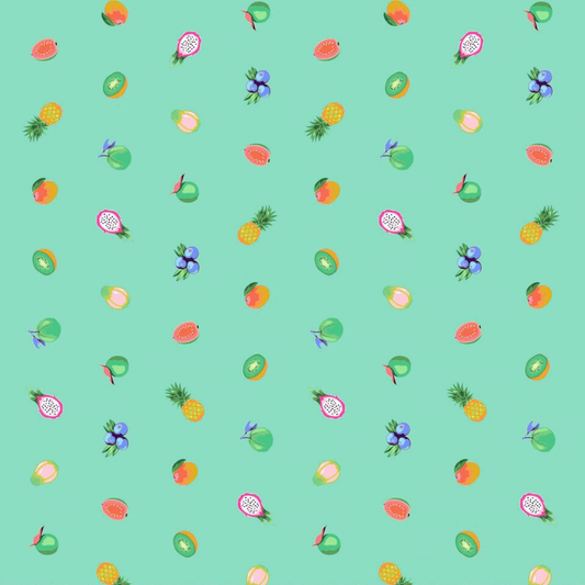 Pattern of colorful fruits on a turquoise background