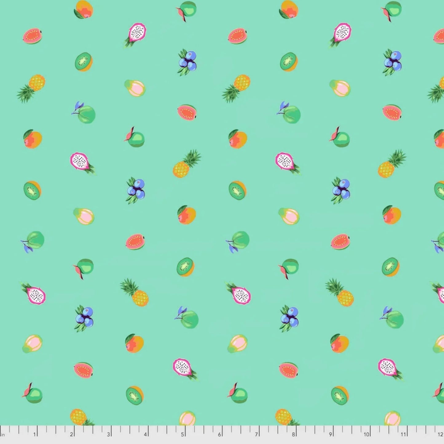 Pattern of colorful fruits on a turquoise background with a ruler for scale