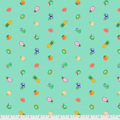 Pattern of colorful fruits on a turquoise background with a ruler for scale