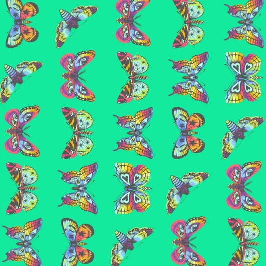 Pattern of colorful butterflies on a teal green background