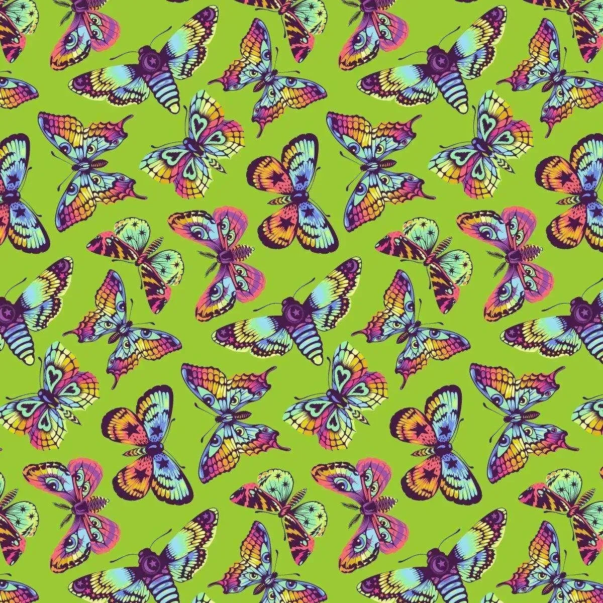 Pattern of colorful butterflies on a green background