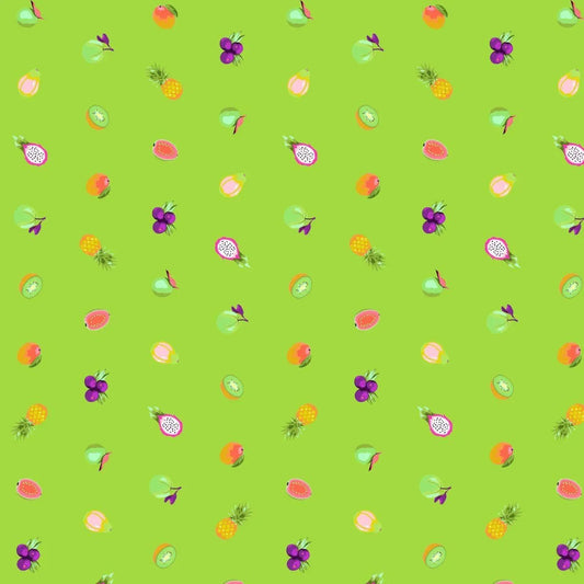 Pattern of tropical fruit tossed across a bright green background.