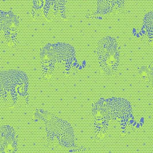 Pattern of teal jaguars on a green background