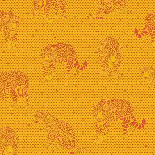 Pattern of orange jaguars on a yellow background