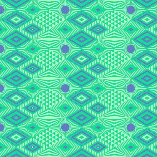 Geometric pattern with indigo blue shapes on a green background